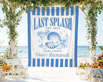 Faixa de despedida de solteira Last Splash, fundo com nome personalizado para noiva, placa para despedida de solteira no litoral, decoração de despedida de solteira em Miami Beach, faixa com dizeres Last Splash