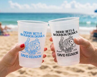 Derby Bets and Bourbon Cups, Frosted Plastic Stadium Cups, Horse Racing Party Drinkware, Custom Personalized Family Reunion Favor Gift Set