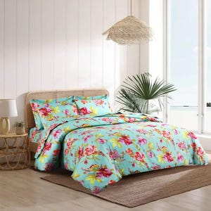 Aqua Floral Bettwäsche Set: Satin Baumwollbettwäsche