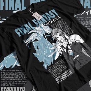 May include: Black t-shirt featuring the text "FINAL FANTASY" in light blue, along with illustrations of characters and Japanese text. The shirt includes the name "SEPHIROTH" and a size tag.