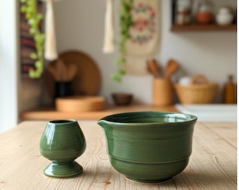 Handmade Moss Green Ceramic Matcha Bowl Set, Spout, Whisk Holder