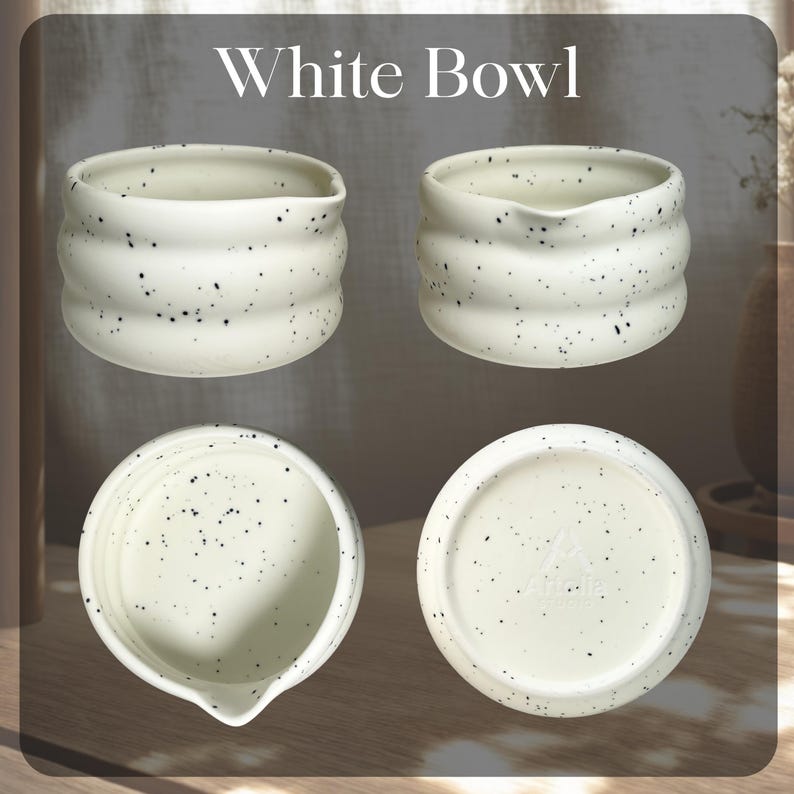 May include: Four views of a white bowl with a speckled design. The bowl has a rounded shape with a wavy, textured exterior. The text "White Bowl" is at the top of the image. The bowl has a small spout on one side.