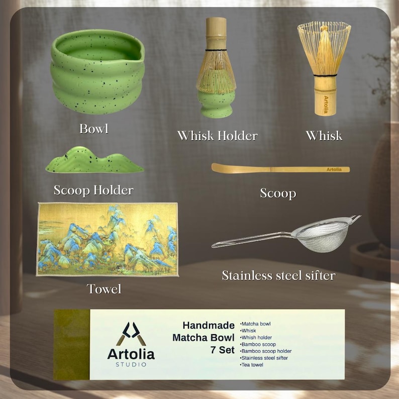 May include: A matcha tea set featuring a green ceramic bowl, whisk, whisk holder, bamboo scoop, scoop holder, stainless steel sifter, and a decorative towel. The set includes the text "Handmade Matcha Bowl 7 Set" and the brand name "Artolia Studio".