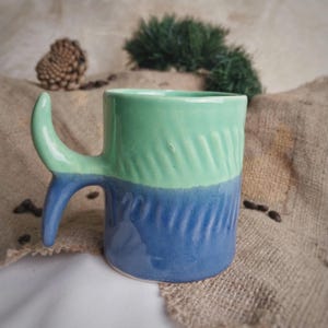 Fish Coffee Mug 8oz, Handmade Green&Blue Ceramic Mug, Ocean Fish Shaped Mug, Beach House Decor