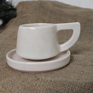 Beige Minimalist Cortado Cup and Saucer 4oz, Handmade Ceramic Wide Handle Coffee Cup, Modern Black & White Cup