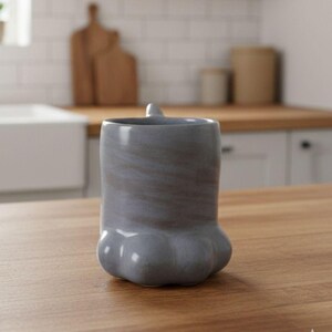 May include: A ceramic mug in a muted grey color with a smooth, glossy finish. The base of the mug is shaped like a rounded animal paw with distinct toe pads, while the upper portion features a cylindrical body with a small handle at the top rim.