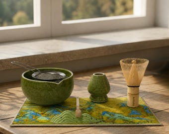 Moss Matcha Bowl 7 Set, Japanese Green Speckled Matcha 7 Kit, Ceramic Spout Bowl with Bamboo Whisk, Holder & Scoop 20Oz, 600ml