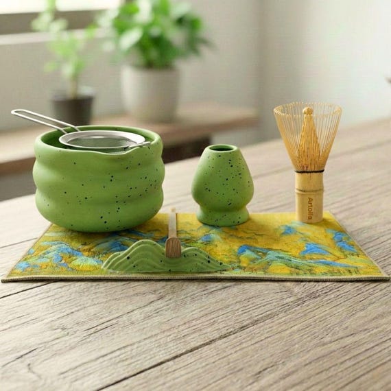 Green Matcha Bowl 7 Set, Japanese  Handmade Speckled Matcha Kit, Ceramic Spout Bowl with Bamboo Whisk, Holder & Scoop, 7 Piece 20Oz, 600ml