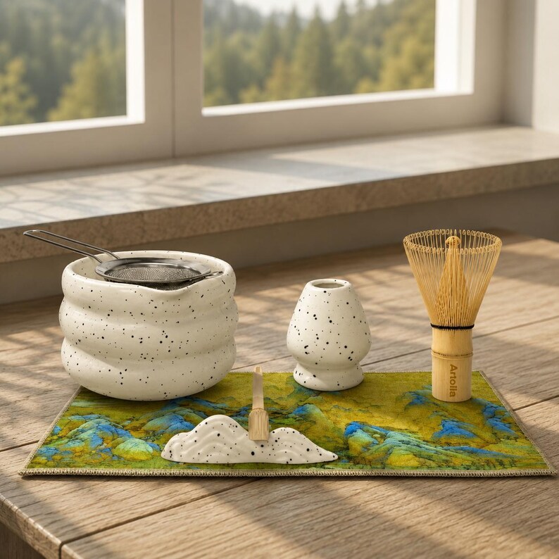 May include: A matcha tea set featuring a white ceramic bowl with a metal strainer, a small vase, a bamboo whisk, and a decorative landscape. The set is placed on a colorful mat with a mountain design. The whisk has the word "Arrolla" printed on it.