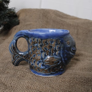 Blue Fish Coffee Mug 8oz, Handmade Ceramic Mug, Ocean Fish Shaped Mug, Beach House Decor