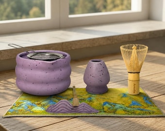 Purple Matcha Bowl 7 Set, Japanese Speckled Matcha Kit, Ceramic Spout Bowl with Bamboo Whisk, Holder & Scoop, 7 Piece 20Oz, 600ml