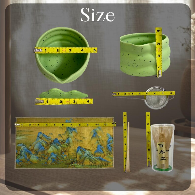 May include: A collection of matcha tea ceremony items. Includes a green ceramic bowl, a matcha whisk, a tea strainer, a tea scoop, and a decorative cloth. The bowl is approximately 5 inches in diameter.