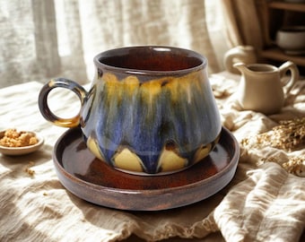 Saturn Glaze Sparkle Espresso Cup and Saucer 5oz, Handmade Ceramic Small Coffee Cup, Sparkly Blue-Brown Glitter Cup