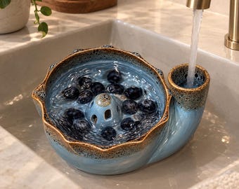 Self-Spinning Berry Bowl, Ceramic Fruit Washer Bowl, Blueberry Rinse Colander
