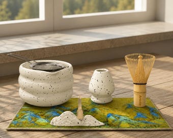 White Matcha Bowl 7 Set, Japanese Speckled Matcha Kit, Ceramic Spout Bowl with Bamboo Whisk, Holder & Scoop, 7 Piece 20Oz, 600ml