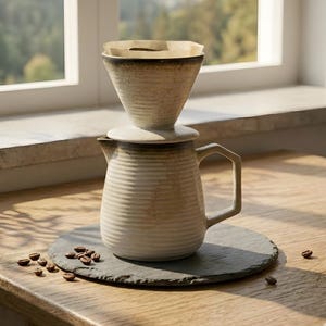 May include: A ceramic pour-over coffee maker set. The set includes a beige, ridged coffee pot with a handle, a matching filter holder, and a paper filter. The set sits on a dark gray, round coaster. Coffee beans are scattered around the coaster.