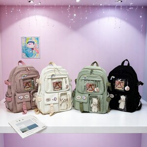 Sac à dos ita ours en peluche kawaii, breloque en peluche avec fenêtre transparente, joli sac à dos anime, couleurs pastel, cartable, idée cadeau
