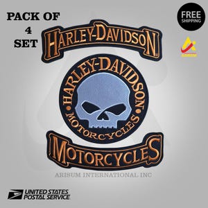 4 Sets Harley Davidson G Willie + Top Bottom Rockers Grau Schädel Stickerei Patch Set Aufnäher zum Aufnähen Motorrad Weste Jacken