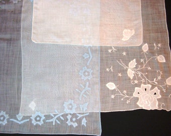 3 Vintage Linen Appliqué Handkerchiefs in White and Blue