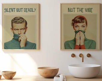 Divertido estampado para el baño, conjunto de arte vintage para el baño de 2 piezas (descarga digital)