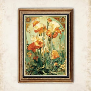 May include: A framed art print featuring a floral design with orange and yellow flowers. The artwork has a vintage style with a gold-colored frame and a light green background. The flowers are the focal point of the image.