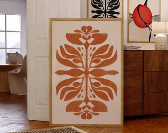 Burnt Orange Botanical Boho Wall Art Print: Floral Mid Century Modern Decor