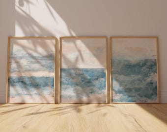Coastal Triptych Wall Art: Watercolour Ocean 3 pieces set Prints (Digital Download)