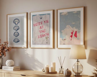 Set di 3 stampe costiere da parete Beachy: trittico per decorazioni da appartamento sulla spiaggia