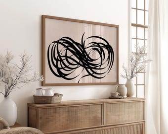 Minimalist Black Line Art Print: Beige Abstract Wall Decor (Digital Download)