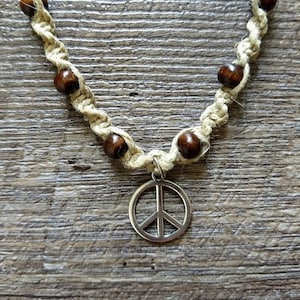 Wooden Beaded Peace sign Natural Hemp Macrame Necklace