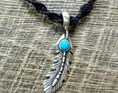 Feather Turquoise Pewter Pendant Hemp Necklace