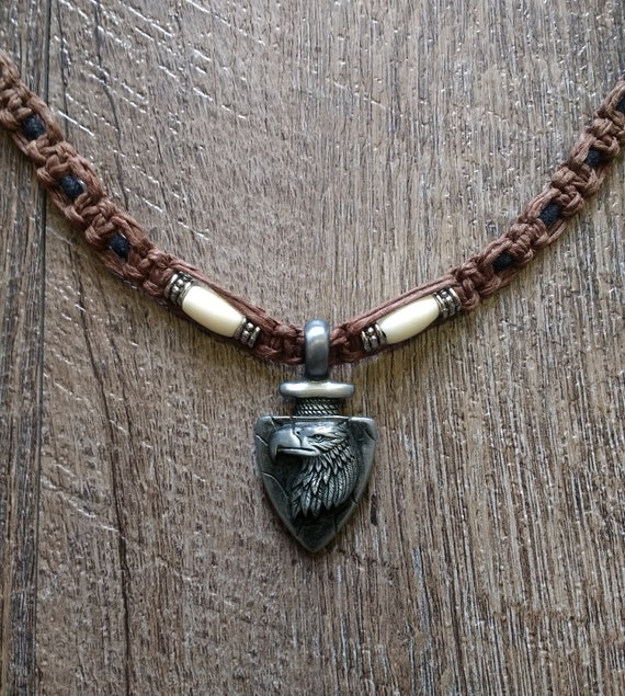 Eagle Arrowhead Pewter Pendant Hemp Macrame Bead Mens Necklace - Eagle Arrowhead Pendant Necklace