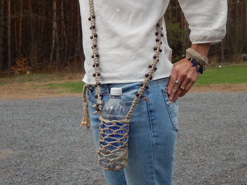 Hemp Macrame Beaded Water Bottle Holder Etsy