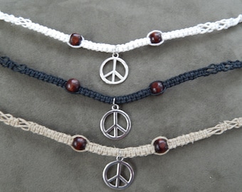 Classic Peace Sign Charm Hemp Beaded Necklace