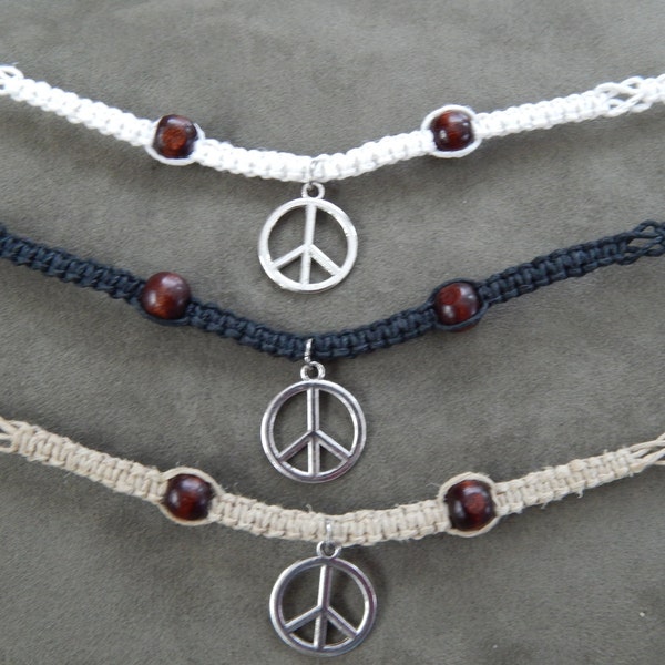 Classic Peace Sign Charm Hemp Beaded Necklace