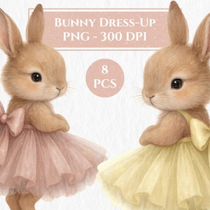 Bunny Clipart PNG Set – 8 Watercolor Ballerina Rabbits in Pastel Tutu Dresses – Cute Baby Girl Nursery Art – Animal Printable Graphics