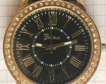 Women&#39;s Black Dial Rhinestone Bezel Geneva Watch