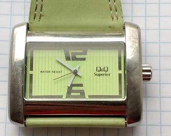 Q&Q Superior Rectangular Dial Green Leather Strap Watch