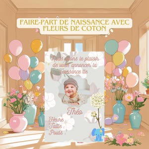 Faire-part Naissance bébé garçon Modifiable Coton doux avec Photo | Template Canva | Personnalisable & Imprimable | Faire-part Digital