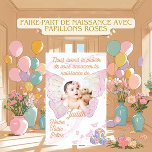 Faire-part Naissance bébé fille Modifiable Papillon avec Photo | Template Canva | Personnalisable & Imprimable | Faire-part Digital