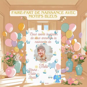 Faire-part Naissance bébé garçon Modifiable Motifs Bleus avec Photo | Template Canva | Personnalisable & Imprimable | Faire-part Digital