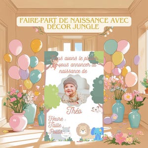 Faire-part Naissance bébé garçon Modifiable Jungle avec Photo | Template Canva | Personnalisable & Imprimable | Faire-part Digital