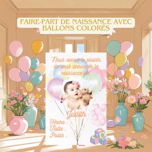 Faire-part Naissance bébé fille Modifiable Ballons avec Photo | Template Canva | Personnalisable & Imprimable | Faire-part Digital