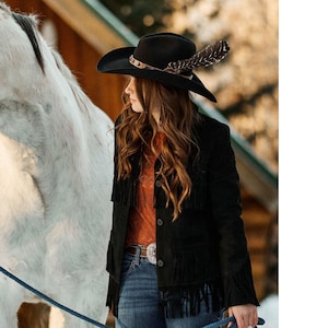 Black Suede Fringe Jacket – Women’s Western Cowgirl Leather Coat – Boho Festival Rodeo Outfit – Handmade Vintage Style