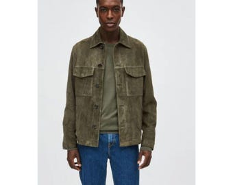 Chaqueta vaquera de ante verde oliva para hombre - Abrigo estilo western hecho a mano