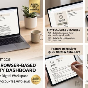 May include: A browser-based digital productivity dashboard displayed on a laptop and tablet screen. The interface features a Pomodoro timer, a to-do list, and a quick notes scratchpad. The layout includes text labels explaining features like auto-save, local data storage, and a step-by-step guide on how to download, unzip, and open the dashboard file.