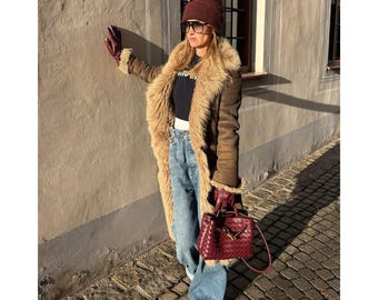 Women's Brown Penny Lane Coat Suede Leather Afghan Coat Vintage 70s Long Suede Coat Boho Hippie Y2K Coat