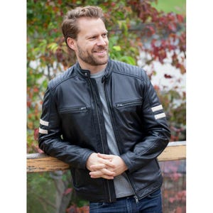 Handmade Lambskin Leather Biker Jacket: Slim Fit Moto with Striped Sleeves