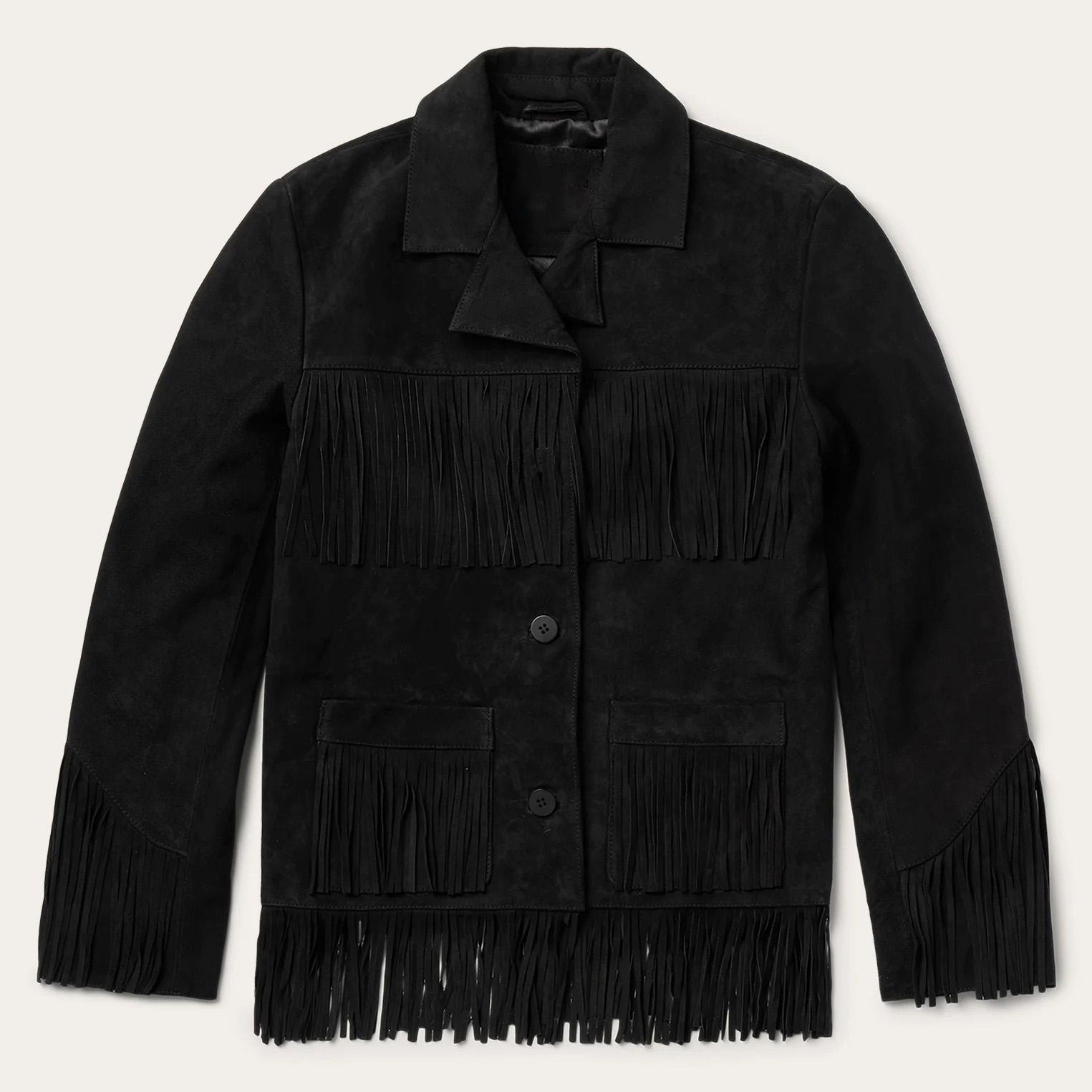 Veste manteau à franges et perles en cuir noir western