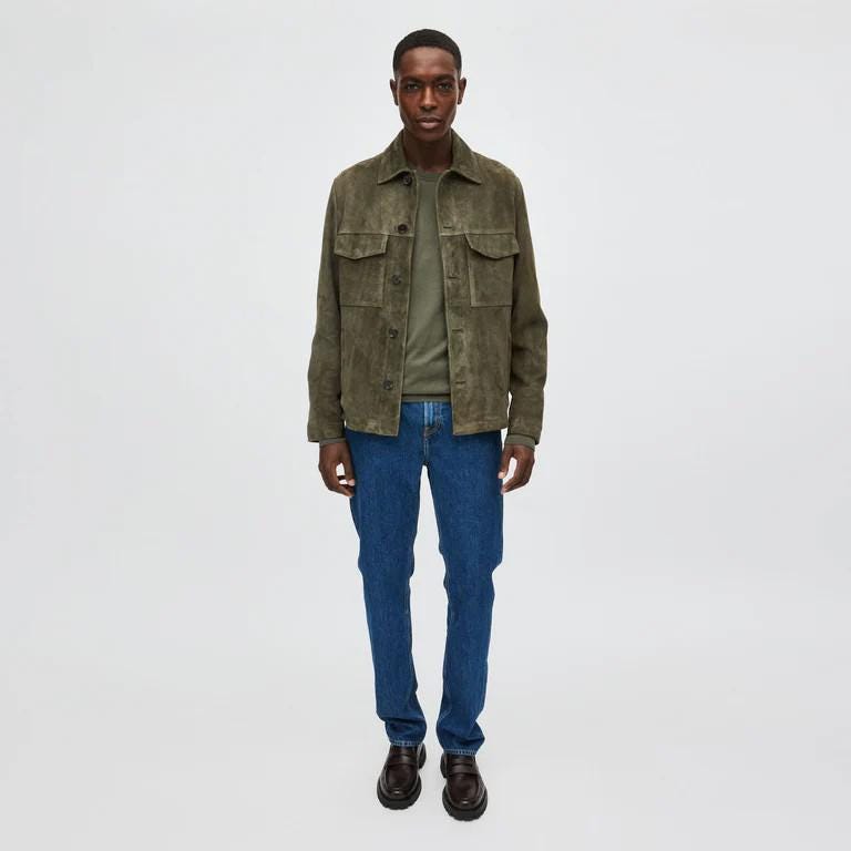 メンズ オリーブグリーン スエード トラッカージャケット